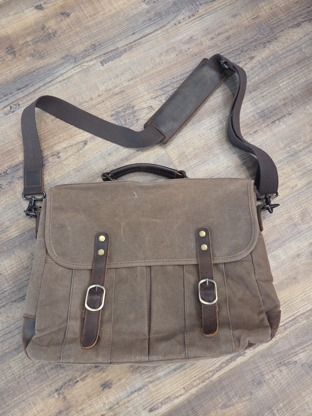 Men's Brown Canvas Messenger Bag with Leather Trim